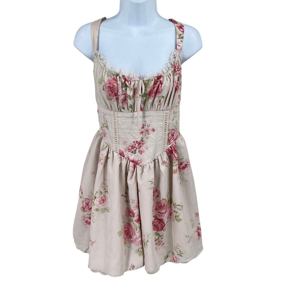 Wild Fable Mini Dress S Pink Floral Milkmaid Corset Lace Boho Cottagecore NEW
